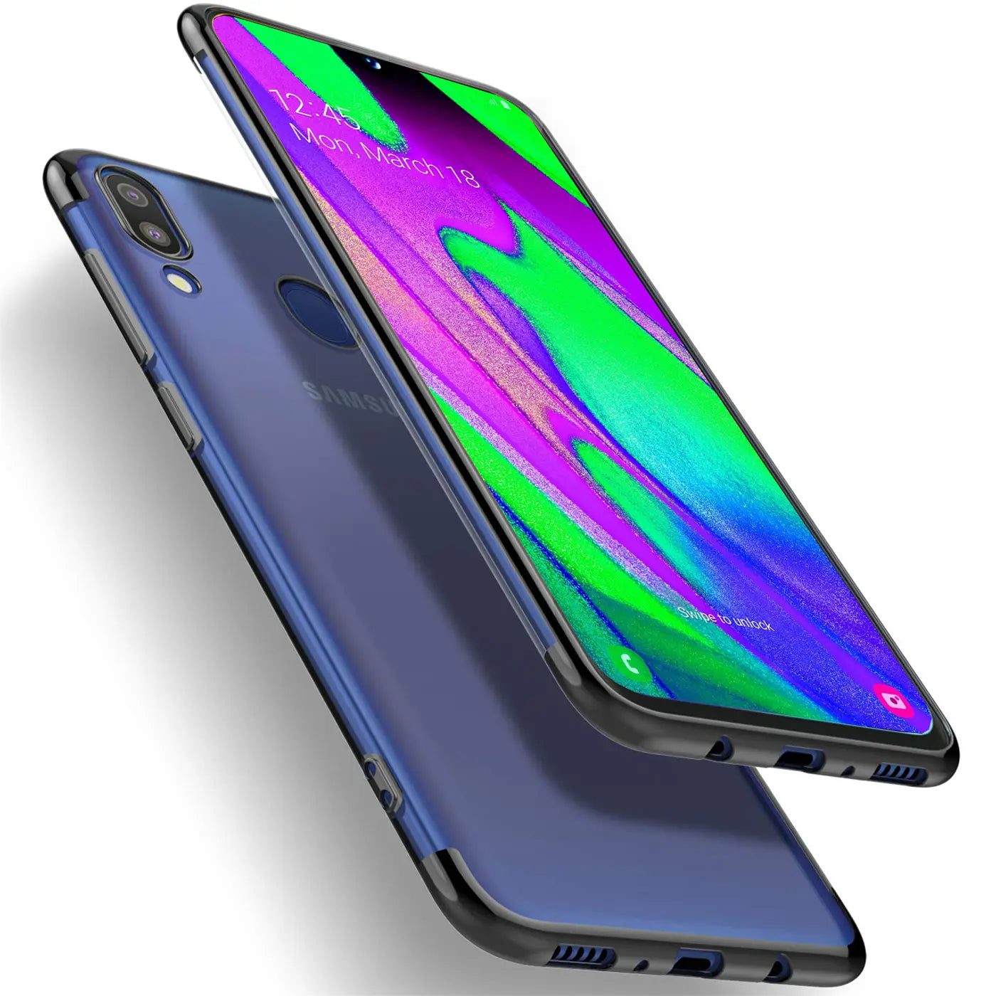 Samsung Galaxy A40 in transparenter Hülle, blaue Rückseite, schwarzer Rand, von vorne links