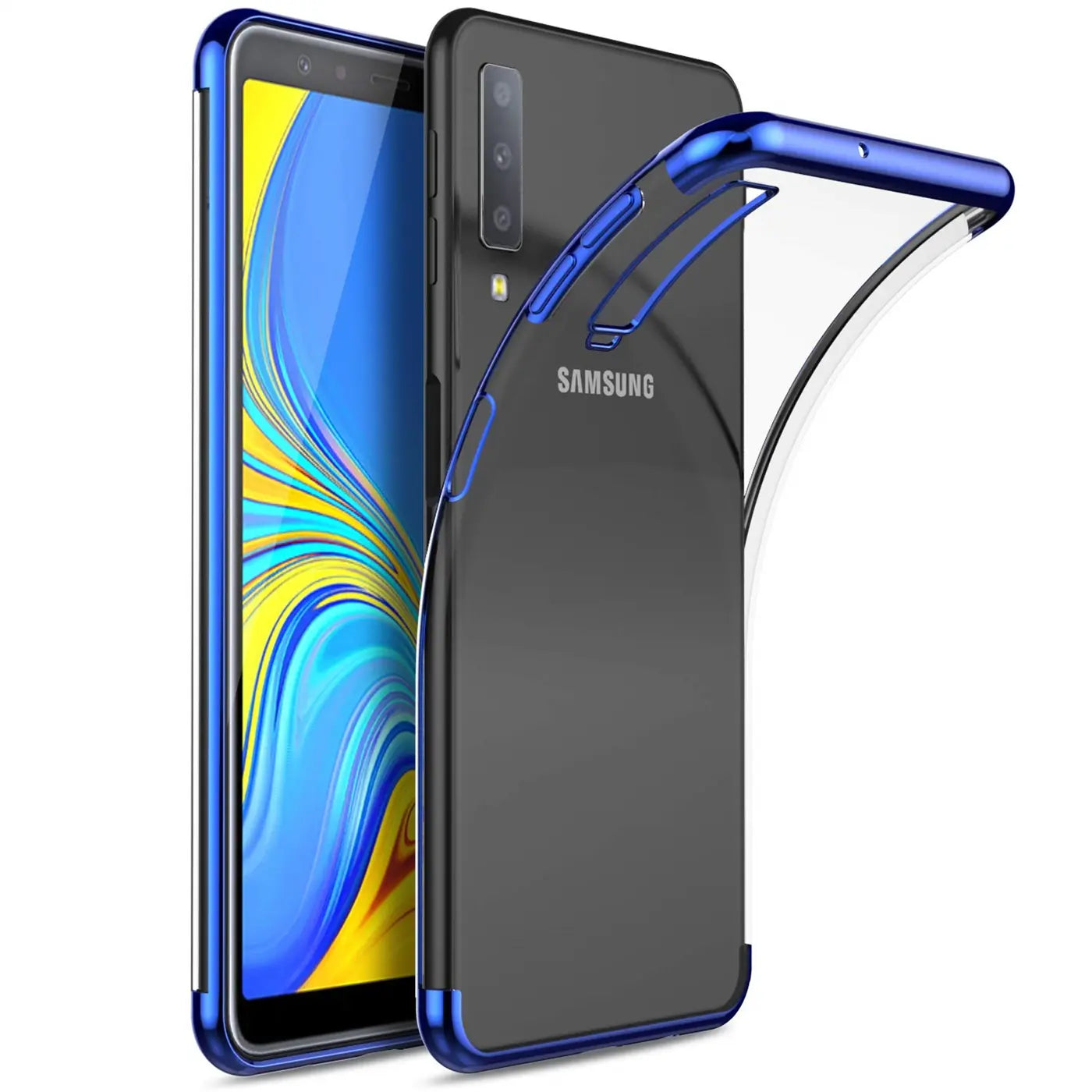 Samsung Galaxy A70/A70s mit blauer Hülle, transparent, von vorne links, Nahaufnahme.
