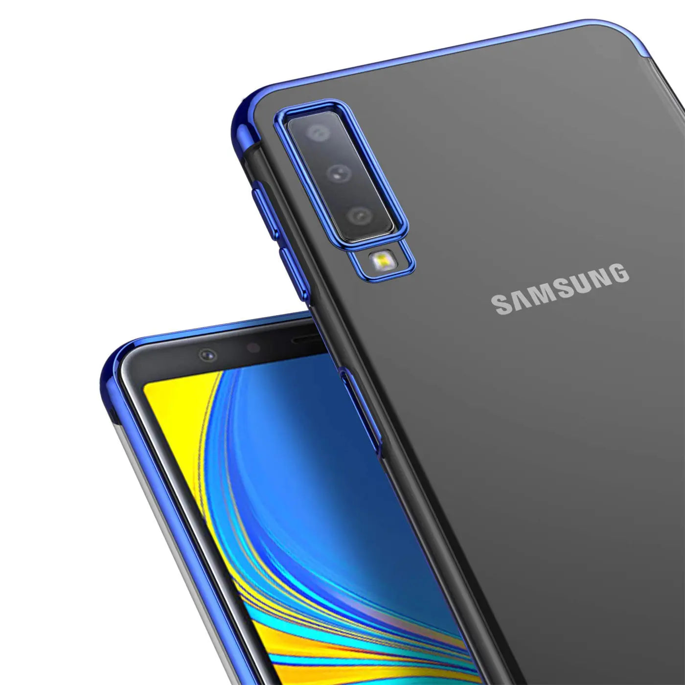 Samsung Galaxy A70/A70s Hülle, transparent mit blauem Rand, Rückansicht