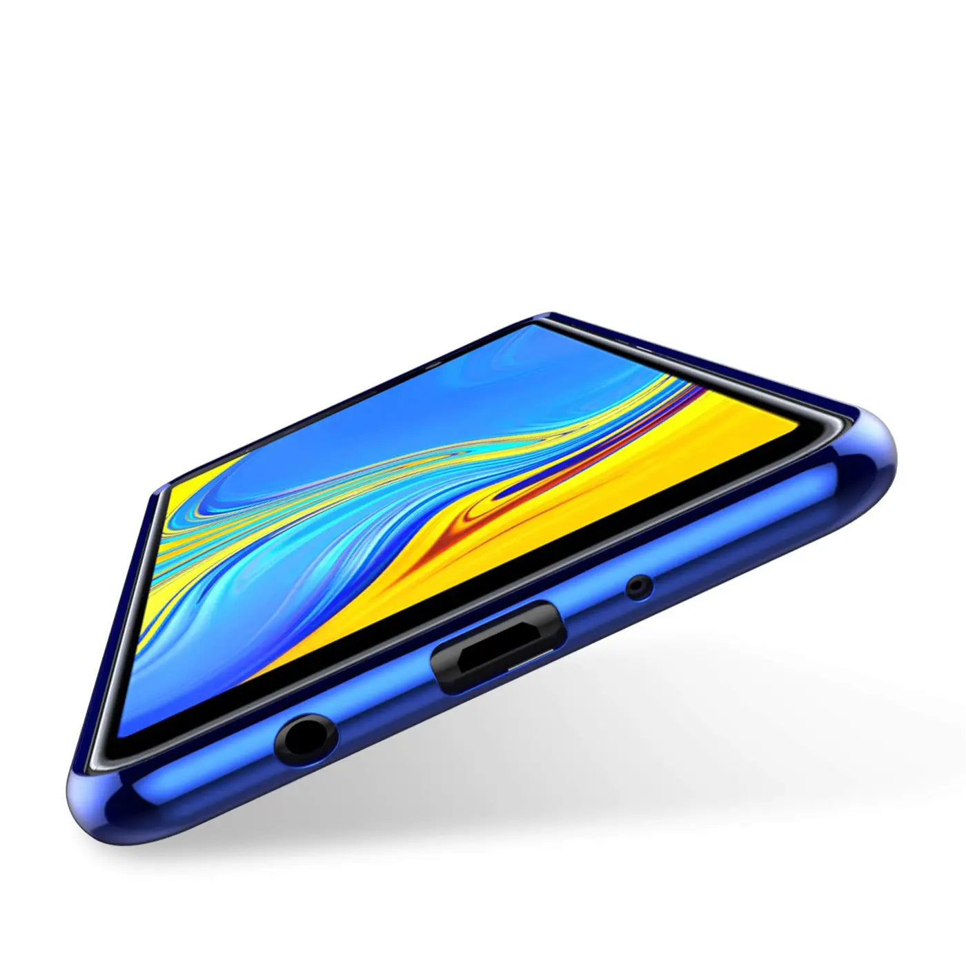 Samsung Galaxy A70/A70s Hülle, blau, transparent, von unten schräg fotografiert.