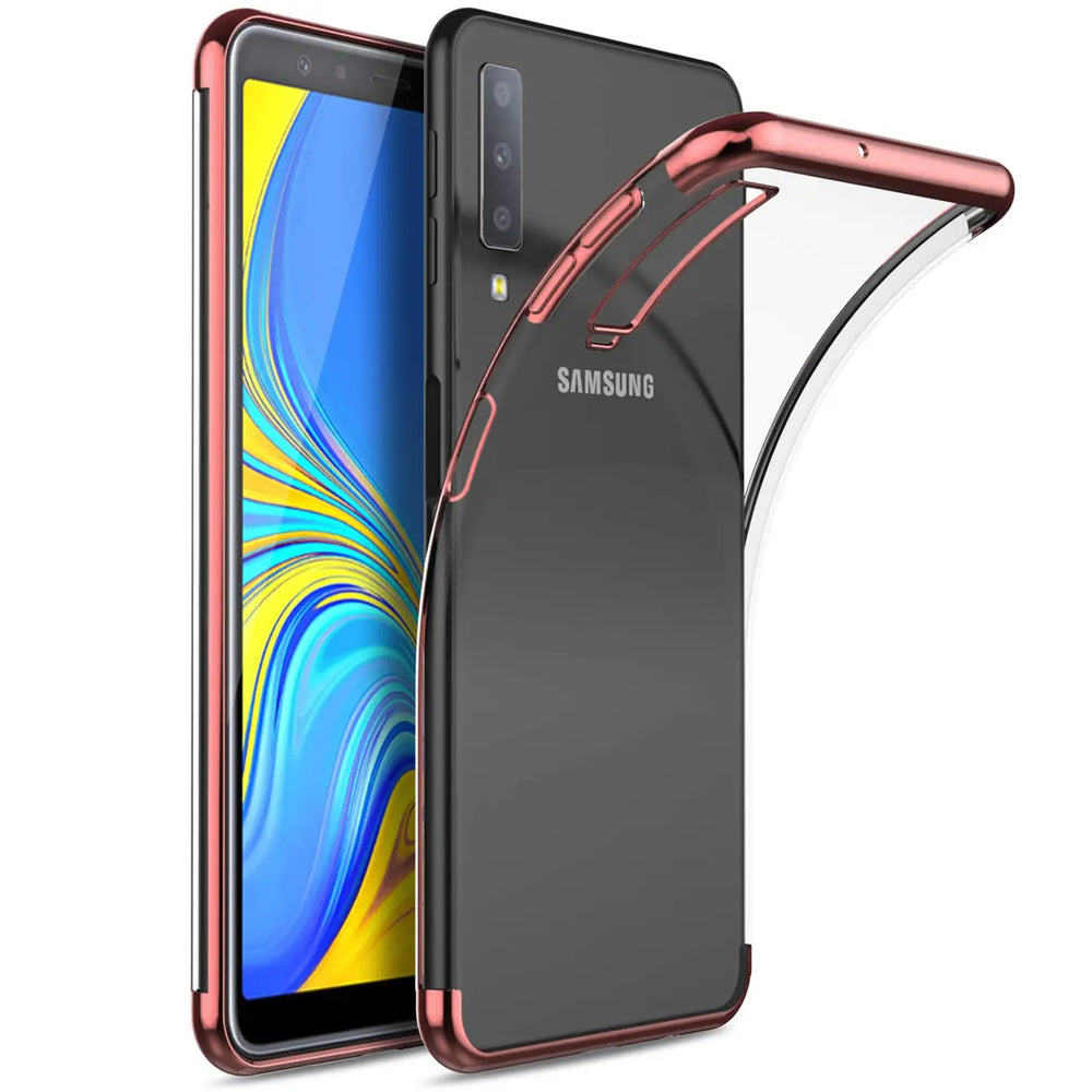 Transparente Handyhülle für Samsung Galaxy A70 / A70s mit farblichen Akzenten in Schwarz, Rot, Blau oder Roségold.