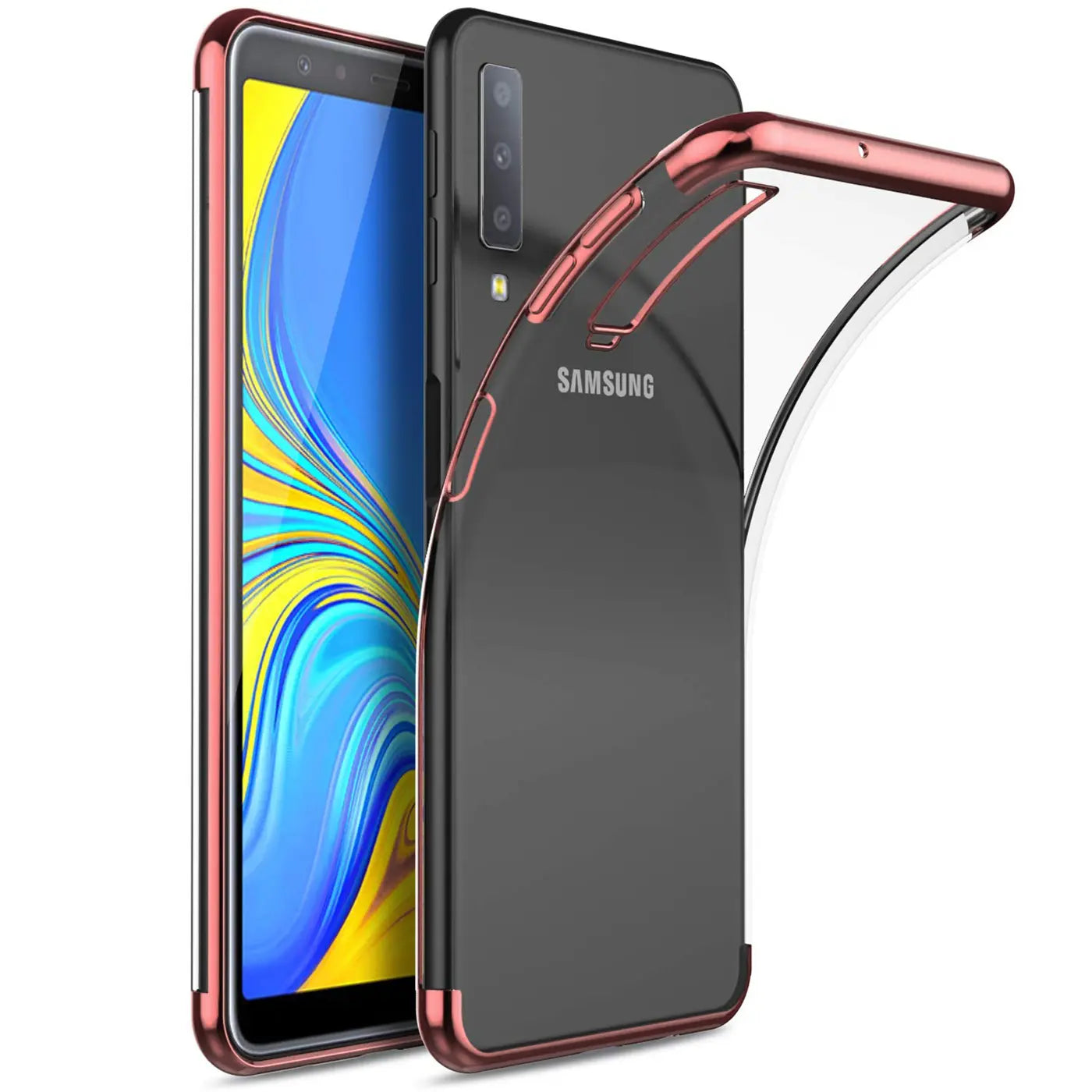 Samsung Galaxy A70/A70s, klare Hülle mit roségoldenem Rand, von vorne links