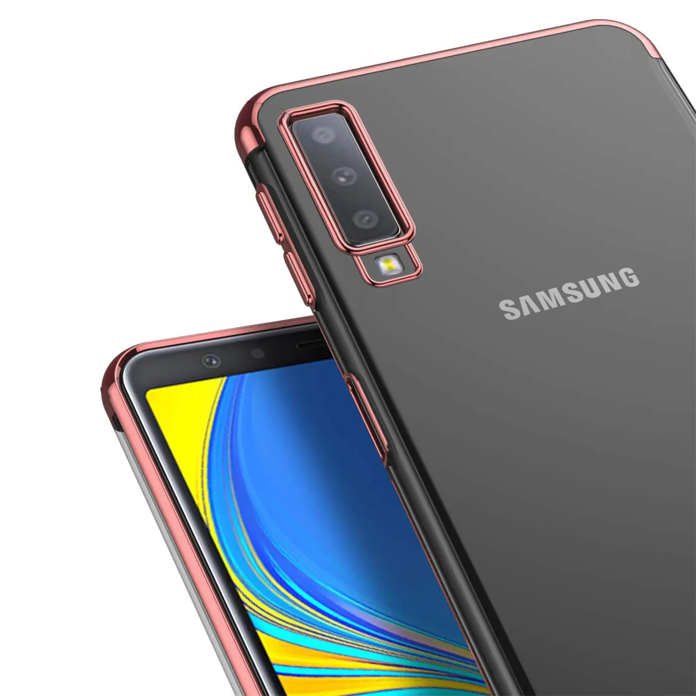 Samsung Galaxy A70/A70s Hülle, transparent mit roségoldenem Rand, von vorne links