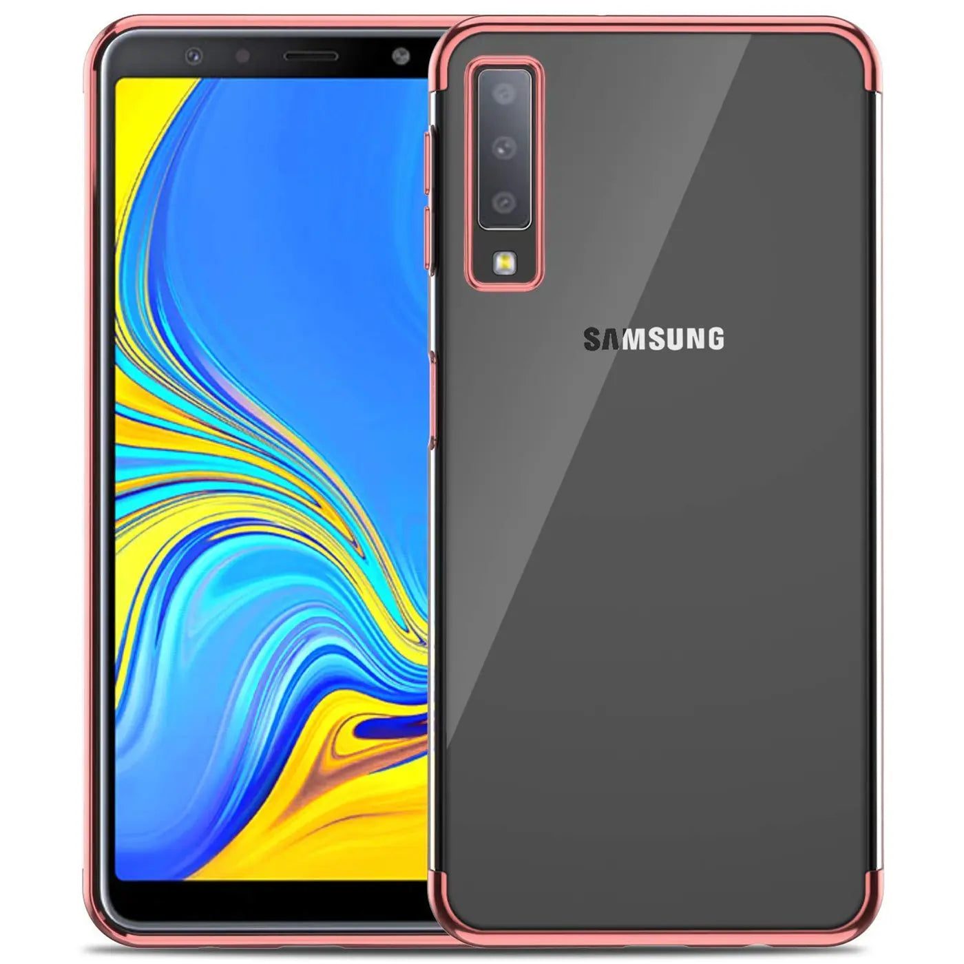 Samsung Galaxy A70/A70s Hülle, transparent, rosa Rand, von vorne und hinten gezeigt