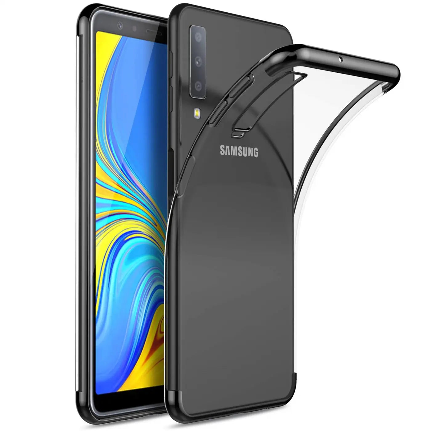 Samsung Galaxy A70/A70s mit transparenter Hülle, schwarzer Rand, von vorne links