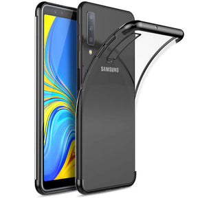 Transparente Handyhülle für Samsung Galaxy A70 / A70s mit farblichen Akzenten in Schwarz, Rot, Blau oder Roségold.