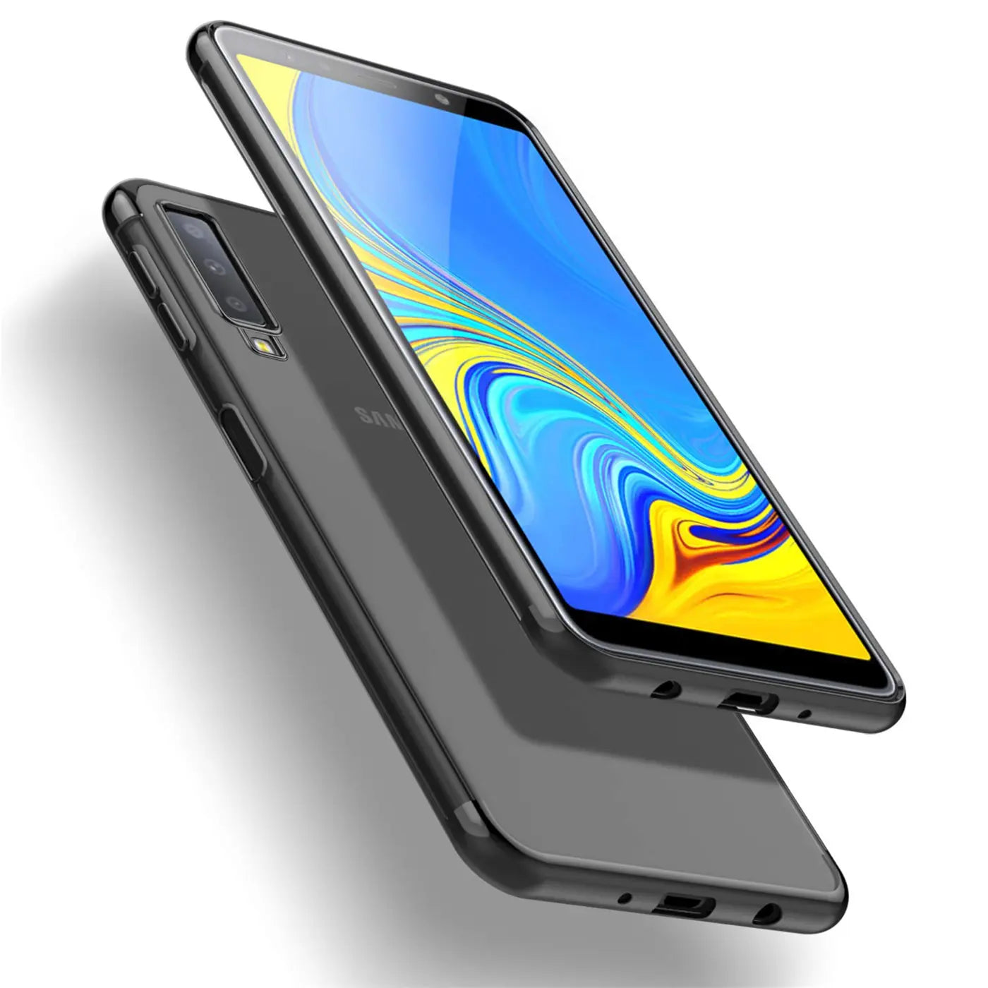 Samsung Galaxy A70/A70s in schwarzer Hülle, von schräg oben, transparentes Material.