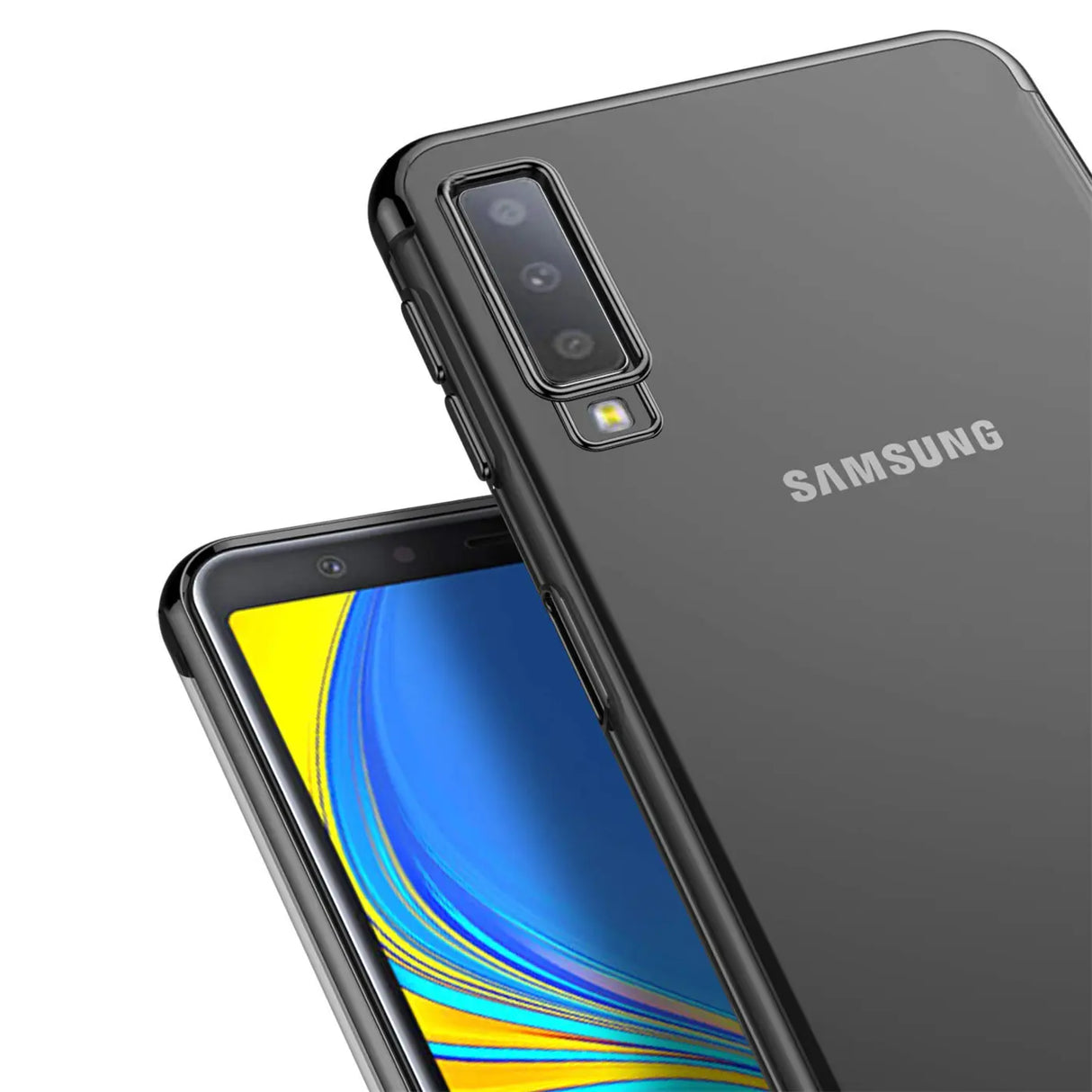 Transparente Handyhülle für Samsung Galaxy A70 / A70s mit farblichen Akzenten in Schwarz, Rot, Blau oder Roségold.
