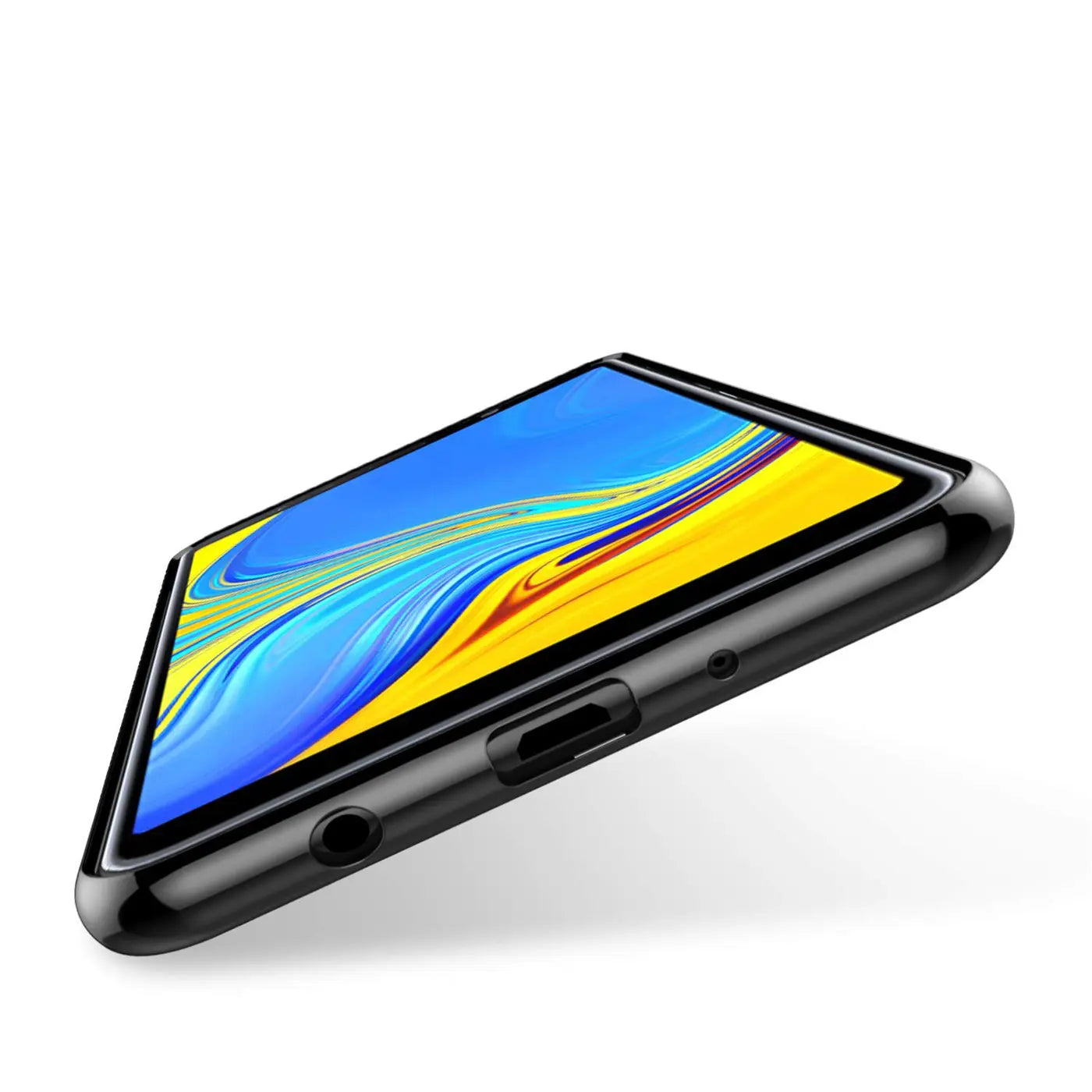 Samsung Galaxy A70/A70s Hülle, schwarz, klare Rückseite, von schräg unten gesehen.