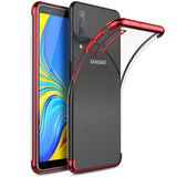Transparente Handyhülle für Samsung Galaxy A7 2018 mit farblichen Akzenten in Schwarz, Rot, Blau oder Roségold.