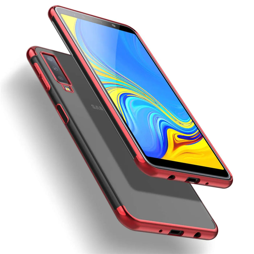 Transparente Handyhülle für Samsung Galaxy A7 2018 mit farblichen Akzenten in Schwarz, Rot, Blau oder Roségold.