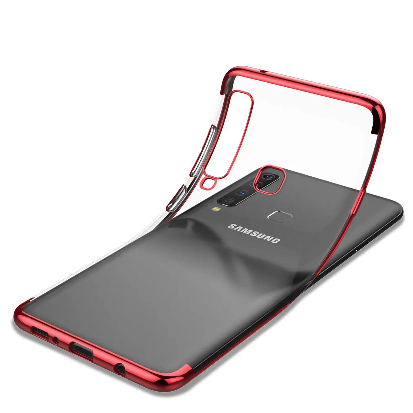 Samsung Galaxy A7 2018 mit roter Klarsichthülle, von oben schräg fotografiert.