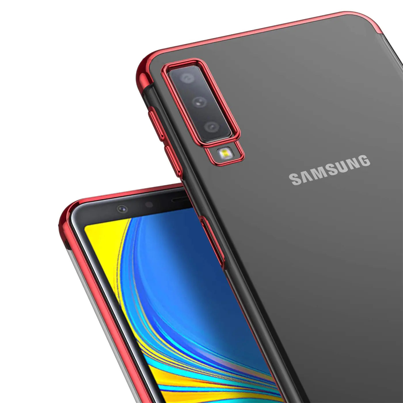 Samsung Galaxy A7 2018 Hülle, transparent mit rotem Rand, Rückseite und Vorderseite sichtbar
