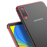 Transparente Handyhülle für Samsung Galaxy A7 2018 mit farblichen Akzenten in Schwarz, Rot, Blau oder Roségold.