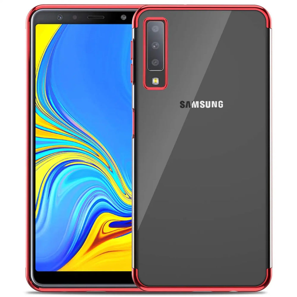 Transparente Handyhülle für Samsung Galaxy A7 2018 mit farblichen Akzenten in Schwarz, Rot, Blau oder Roségold.
