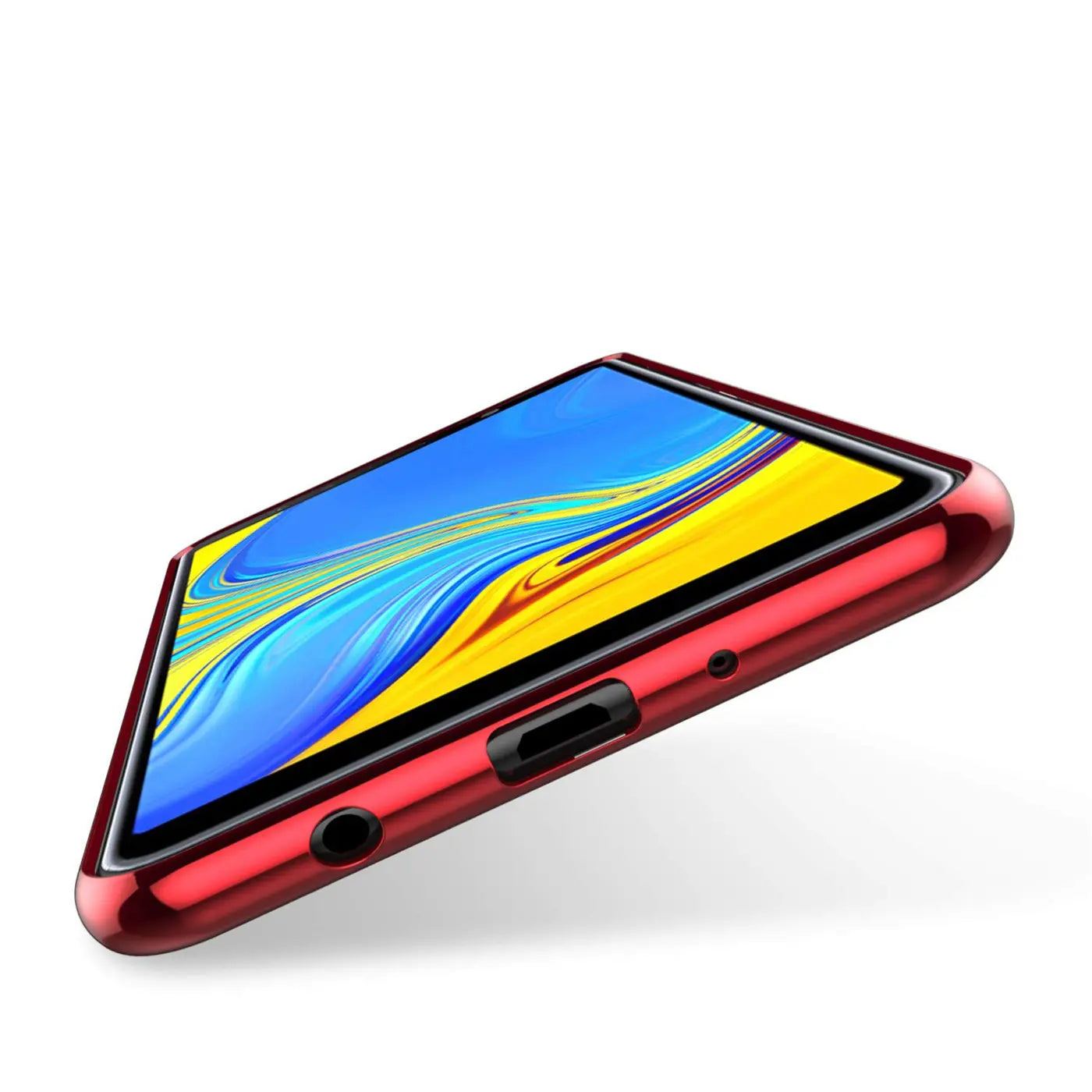 Rote Hülle mit klarem Hintergrund für Samsung Galaxy A7 2018, Seitenansicht.