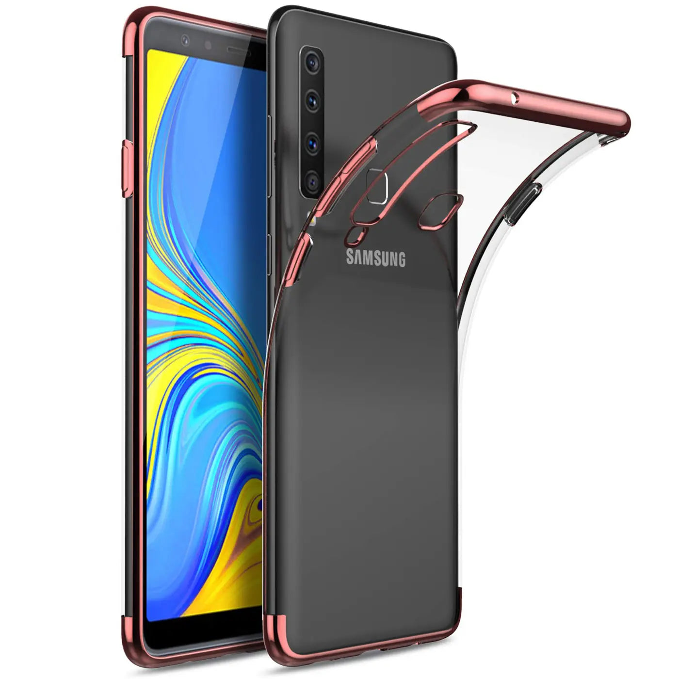 Samsung Galaxy A9 2018 mit transparenter Hülle, roségoldener Rand, von vorne und hinten gezeigt.
