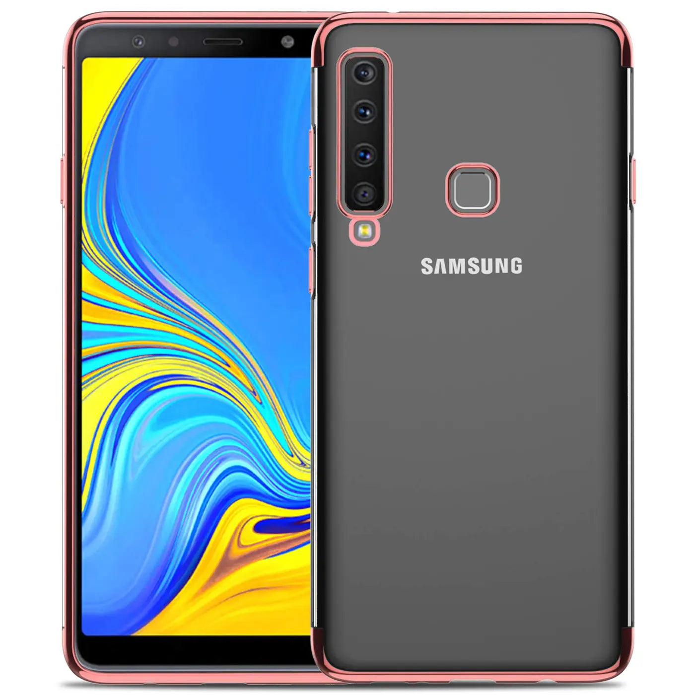 Samsung Galaxy A9 2018 mit transparenter Hülle, roségoldenem Rand, von vorne und hinten gezeigt.