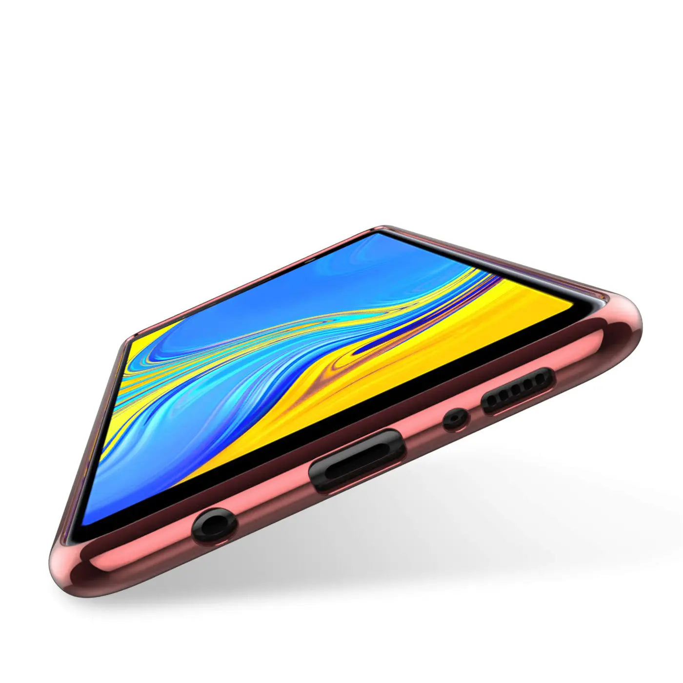 Samsung Galaxy A9 2018 in roségoldener Hülle, von schräg unten, mit sichtbaren Anschlüssen.