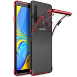 Transparente Handyhülle für Samsung Galaxy A9 2018 mit farblichen Akzenten in Schwarz, Rot, Blau oder Roségold.
