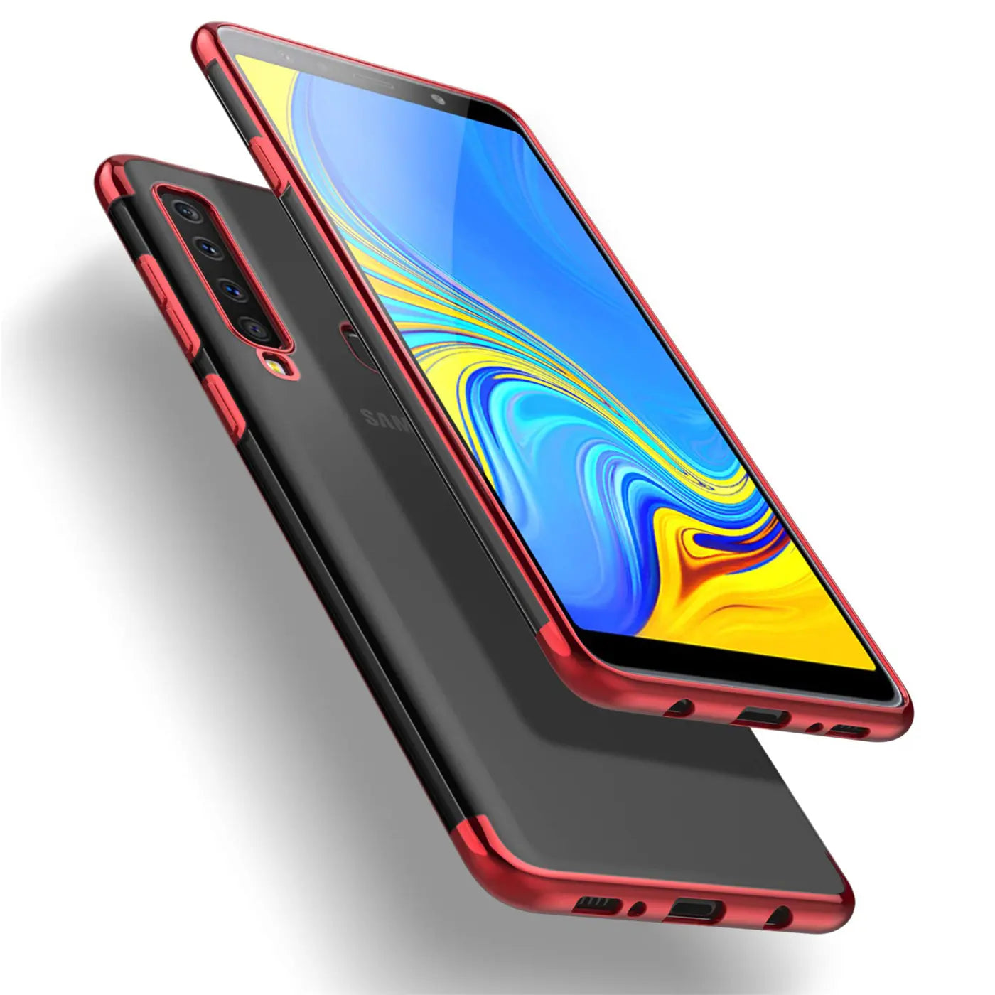 Samsung Galaxy A9 2018 Hülle, transparent mit rotem Rand, von schräg oben
