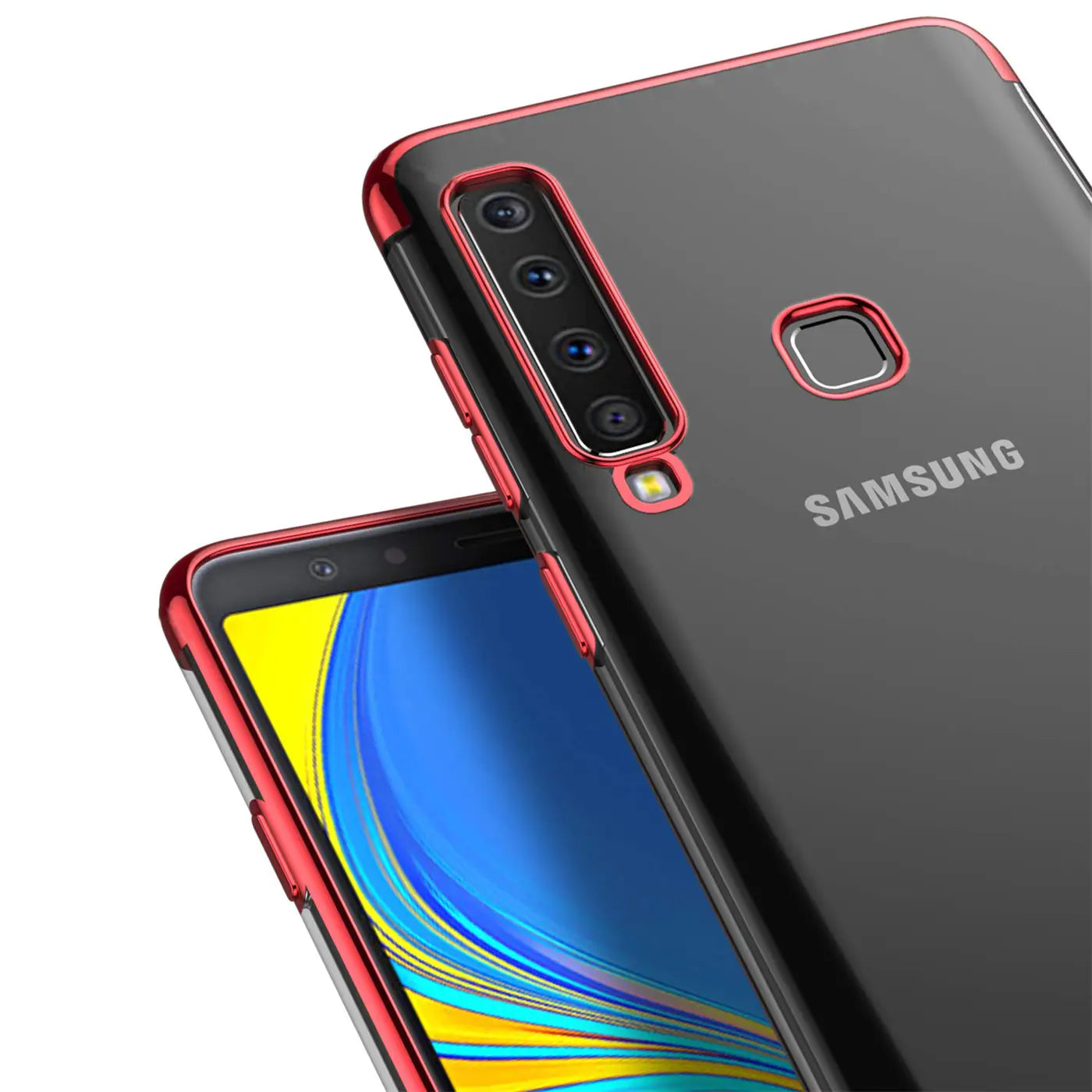 Samsung Galaxy A9 2018 Hülle, transparent mit rotem Rand, Rückseite und Vorderseite sichtbar