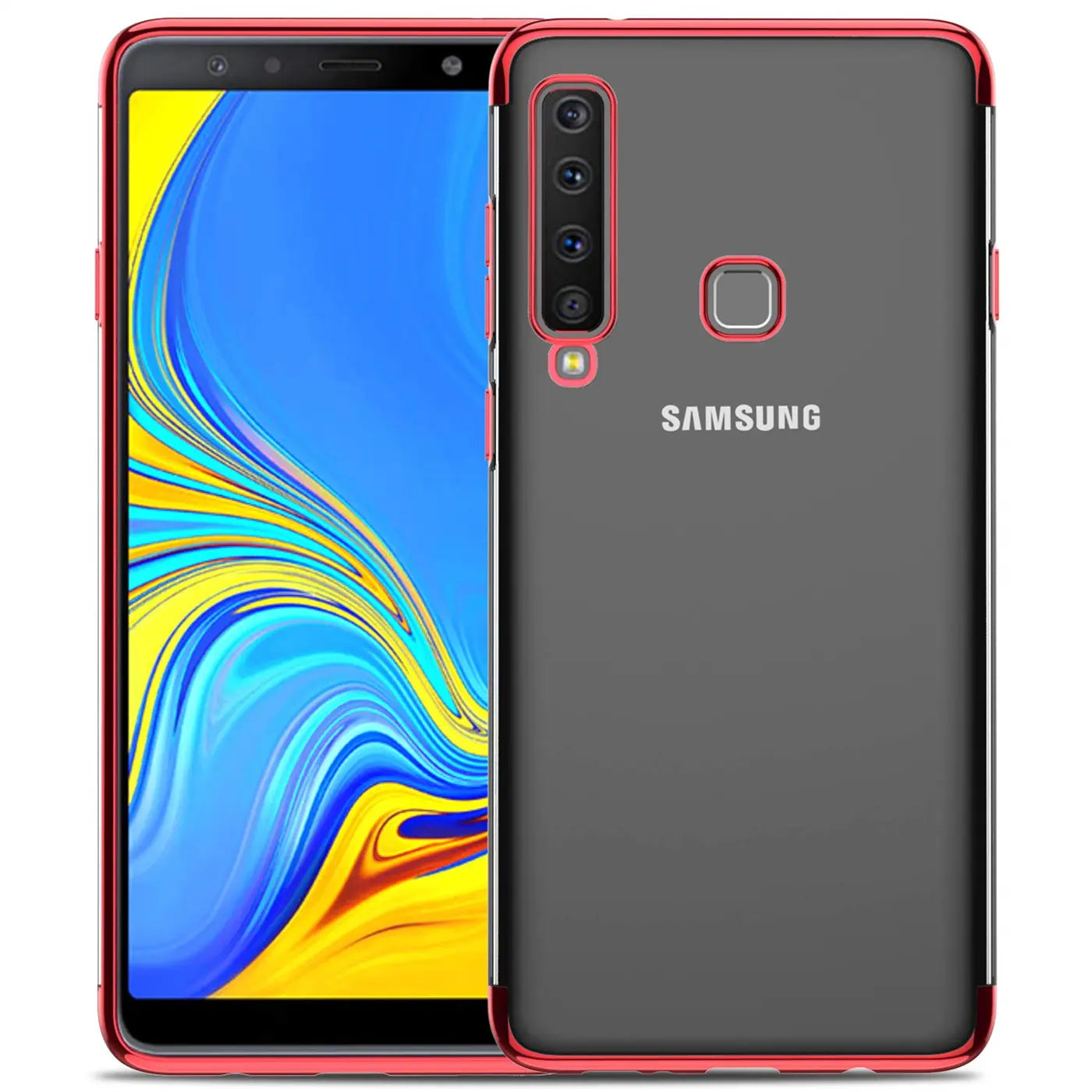 Samsung Galaxy A9 2018 mit transparenter Hülle, rotem Rand, von vorne und hinten gezeigt.