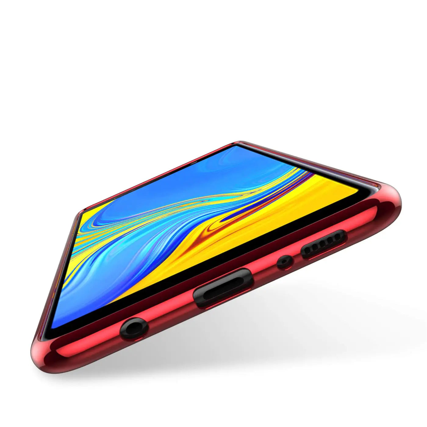 Rote Hülle mit transparentem Rückenteil, von schräg unten, zeigt Samsung Galaxy A9 2018.