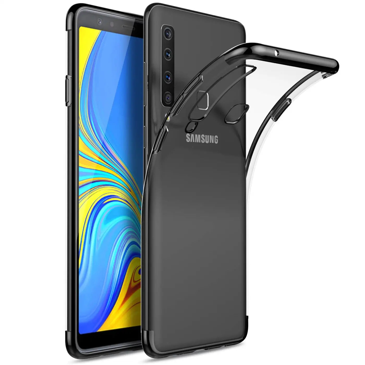 Samsung Galaxy A9 2018 mit transparenter Hülle, schwarzer Rand, von vorne links