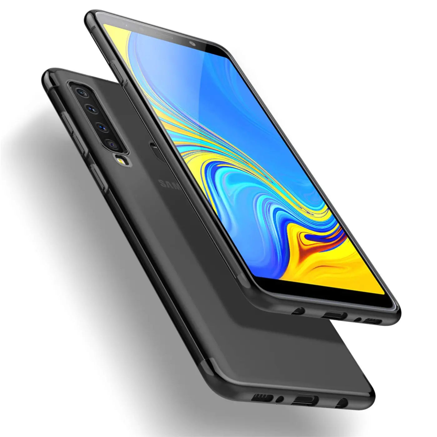 Samsung Galaxy A9 2018 in schwarzer Hülle, von schräg oben, mit transparentem Rückenteil.