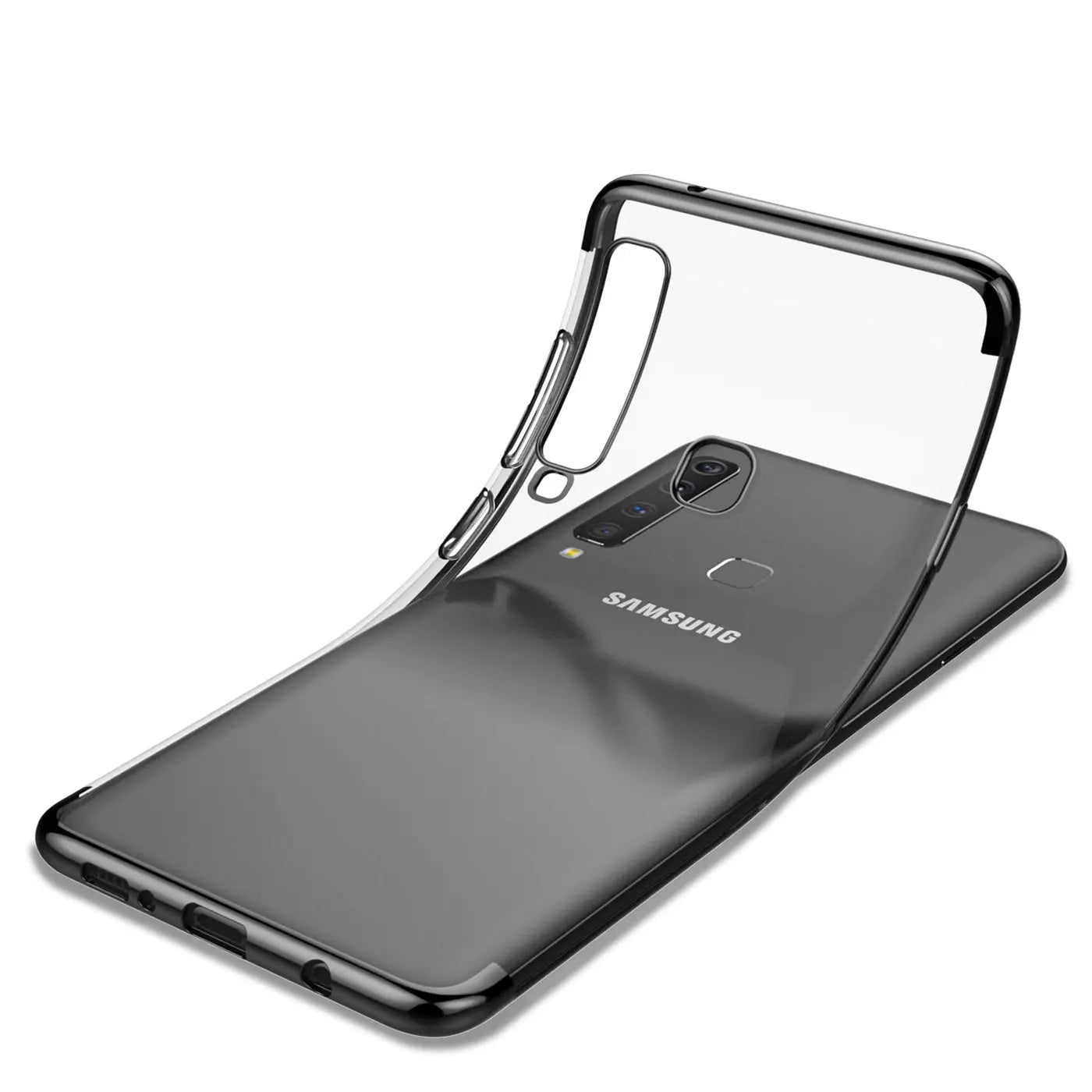 Transparente Hülle mit schwarzem Rand, auf einem Samsung Galaxy A9 2018 liegend, von schräg oben.