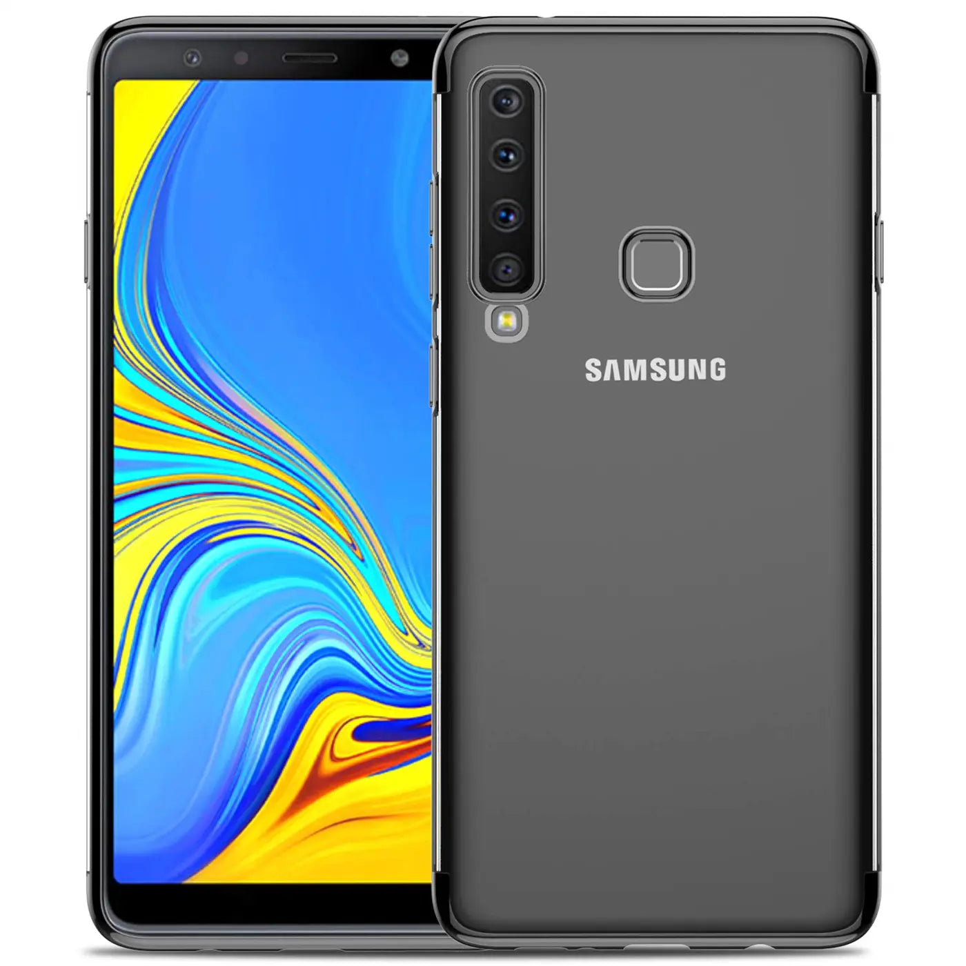 Samsung Galaxy A9 2018 in transparenter Hülle mit grauem Rand, von vorne und hinten gezeigt.