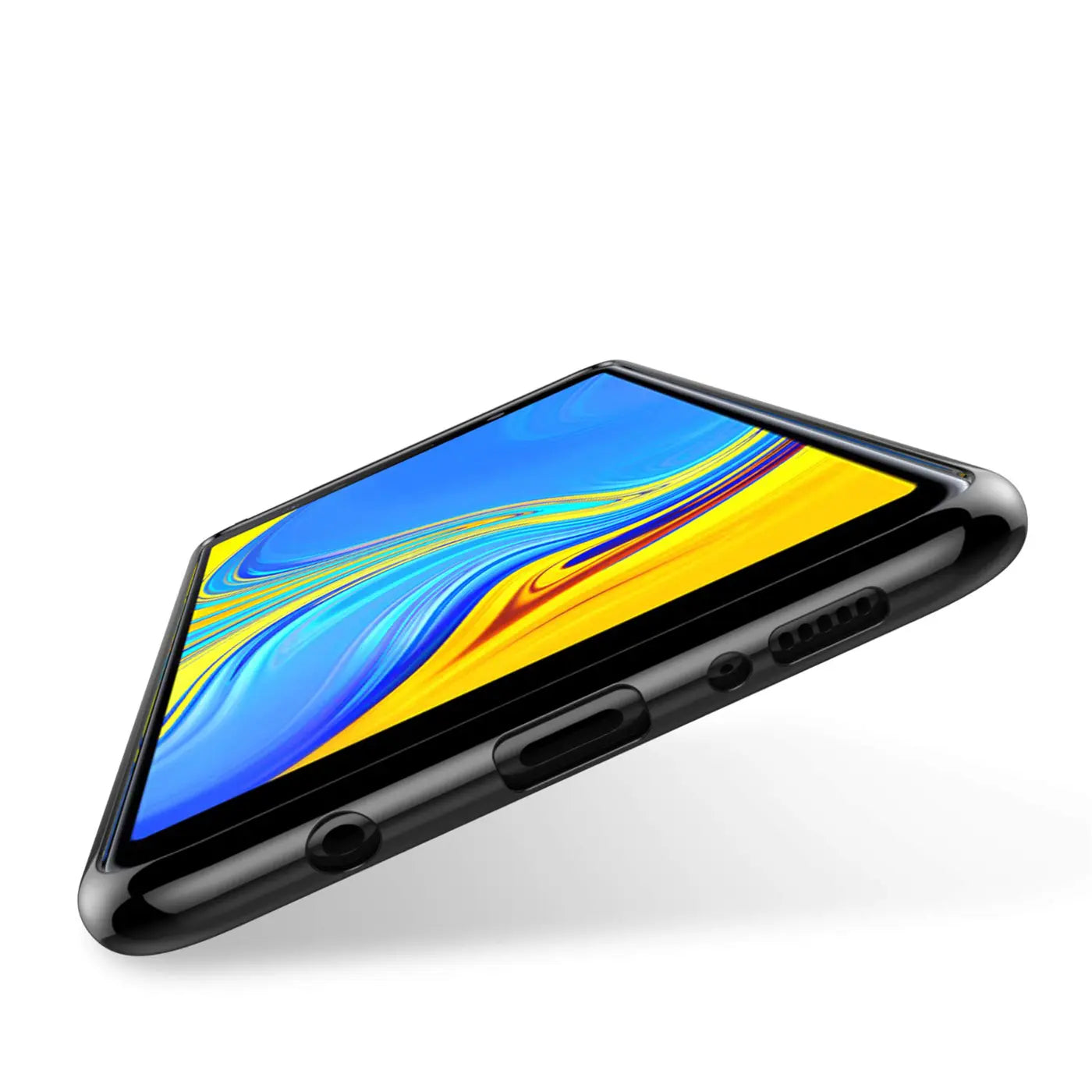 Samsung Galaxy A9 2018 in schwarzer Hülle, von schräg oben, mit Display.