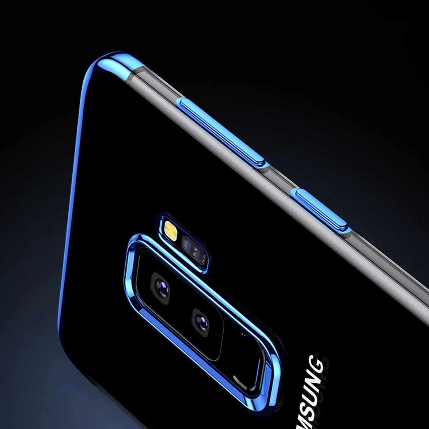 Samsung Galaxy J3 2017 Hülle, transparent mit blauem Rand, Rückansicht.