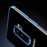 Transparente Handyhülle für Samsung Galaxy J3 2017 mit farblichen Akzenten in Schwarz, Rot, Blau oder Roségold.
