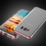 Transparente Handyhülle für Samsung Galaxy J3 2017 mit farblichen Akzenten in Schwarz, Rot, Blau oder Roségold.