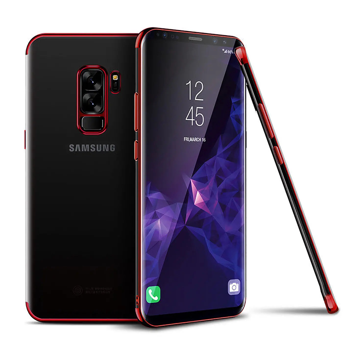 Samsung Galaxy S9 mit schwarzer Hülle, rotem Rand, aus Kunststoff, von vorne und hinten