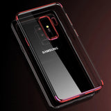 Transparente Handyhülle für Samsung Galaxy J3 2017 mit farblichen Akzenten in Schwarz, Rot, Blau oder Roségold.