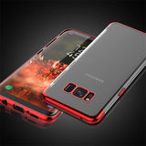 Transparente Handyhülle für Samsung Galaxy J3 2017 mit farblichen Akzenten in Schwarz, Rot, Blau oder Roségold.
