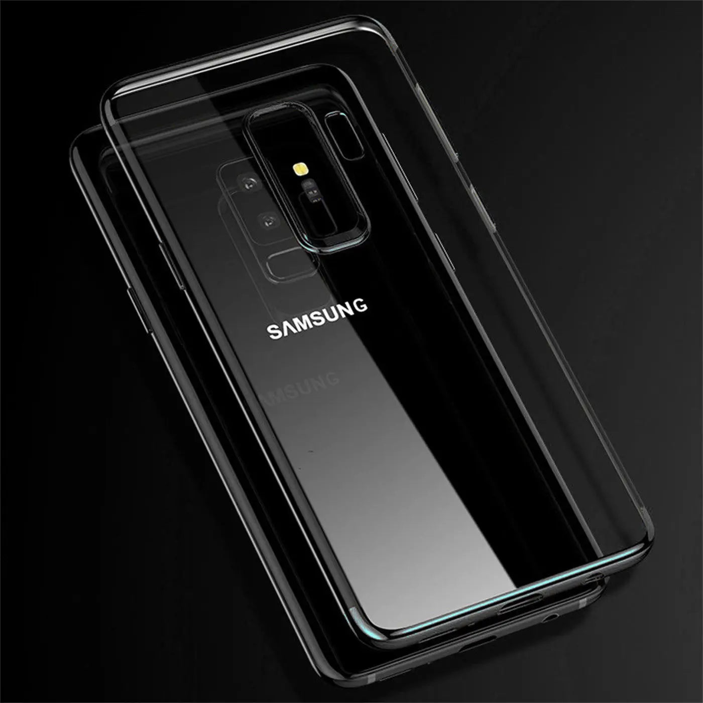 Samsung Galaxy S9, klare Hülle, von oben schräg, schwarzer Hintergrund