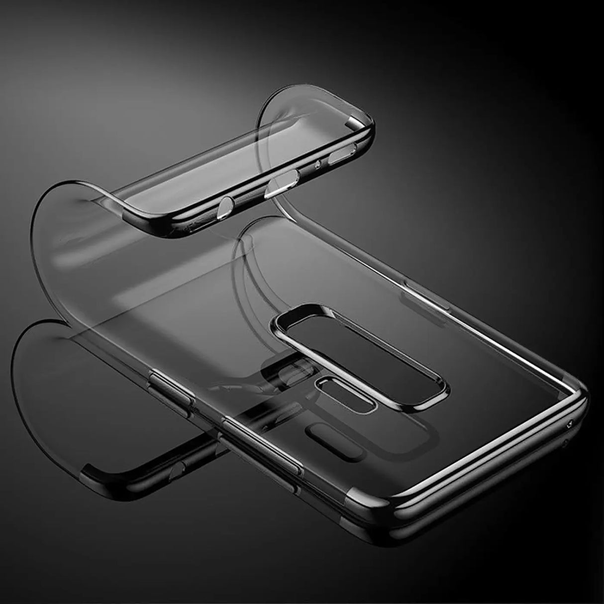 Transparente Handyhülle für Samsung Galaxy J3 2017 mit farblichen Akzenten in Schwarz, Rot, Blau oder Roségold.
