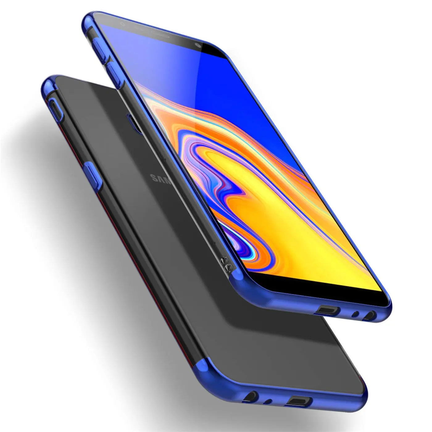 Samsung Galaxy J4 Plus in blauer Hülle, von schräg oben, transparentes Material