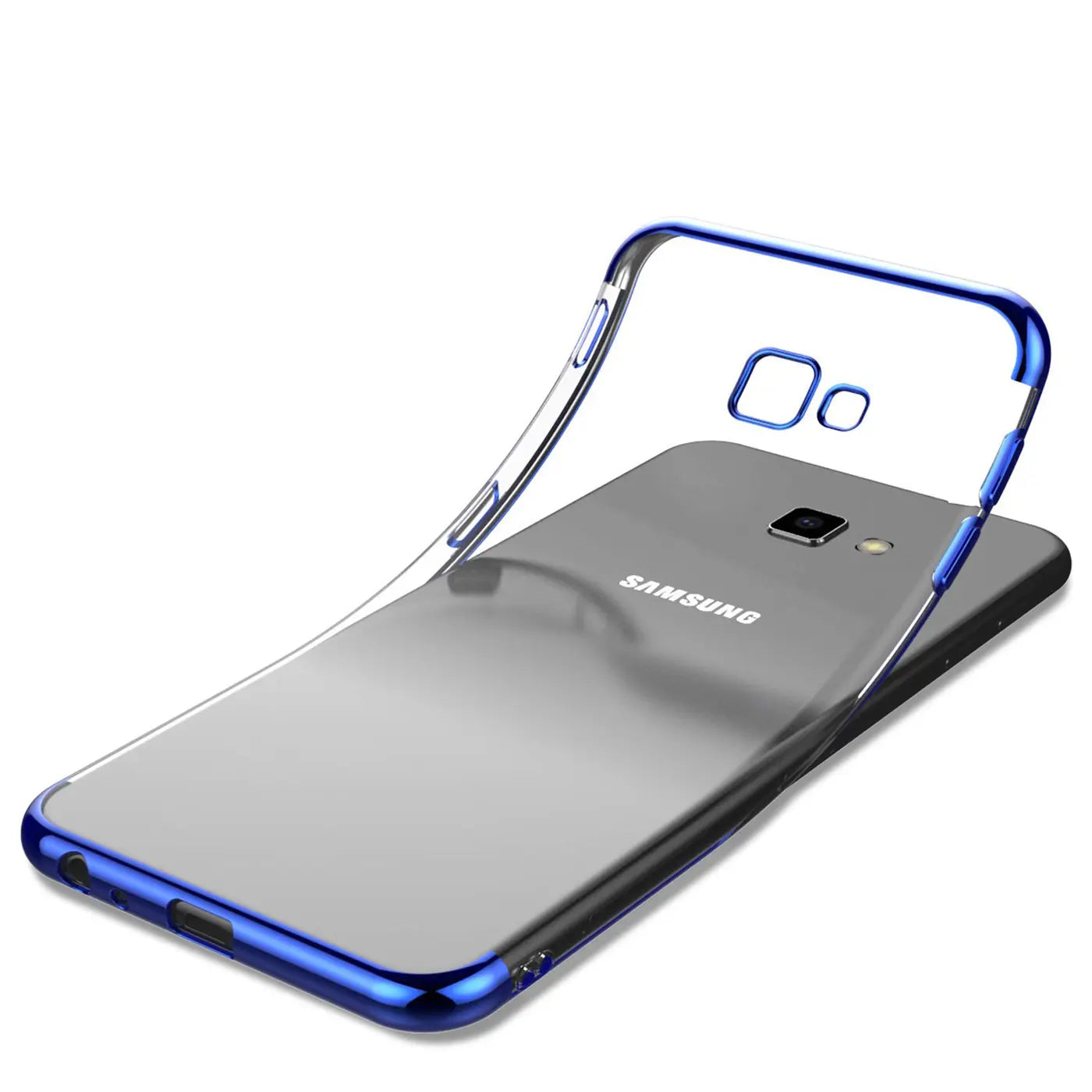 Samsung Galaxy J4 Plus mit blauer Klarsichthülle, von oben rechts gesehen.