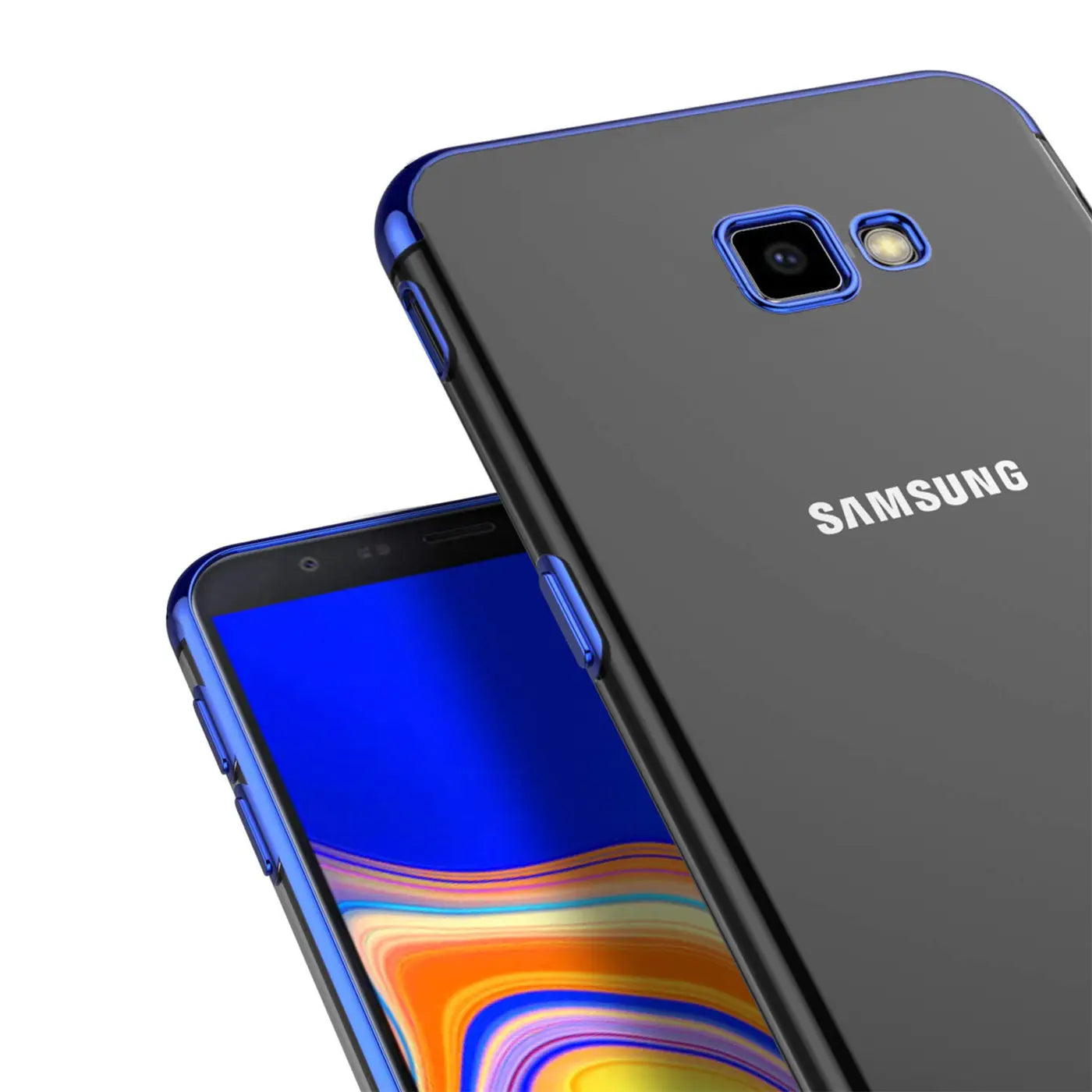 Samsung Galaxy J4 Plus mit transparenter Hülle, blauer Rand, Rückansicht, Nahaufnahme