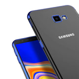 Transparente Handyhülle für Samsung Galaxy J4 Plus mit farblichen Akzenten in Schwarz, Rot, Blau oder Roségold.