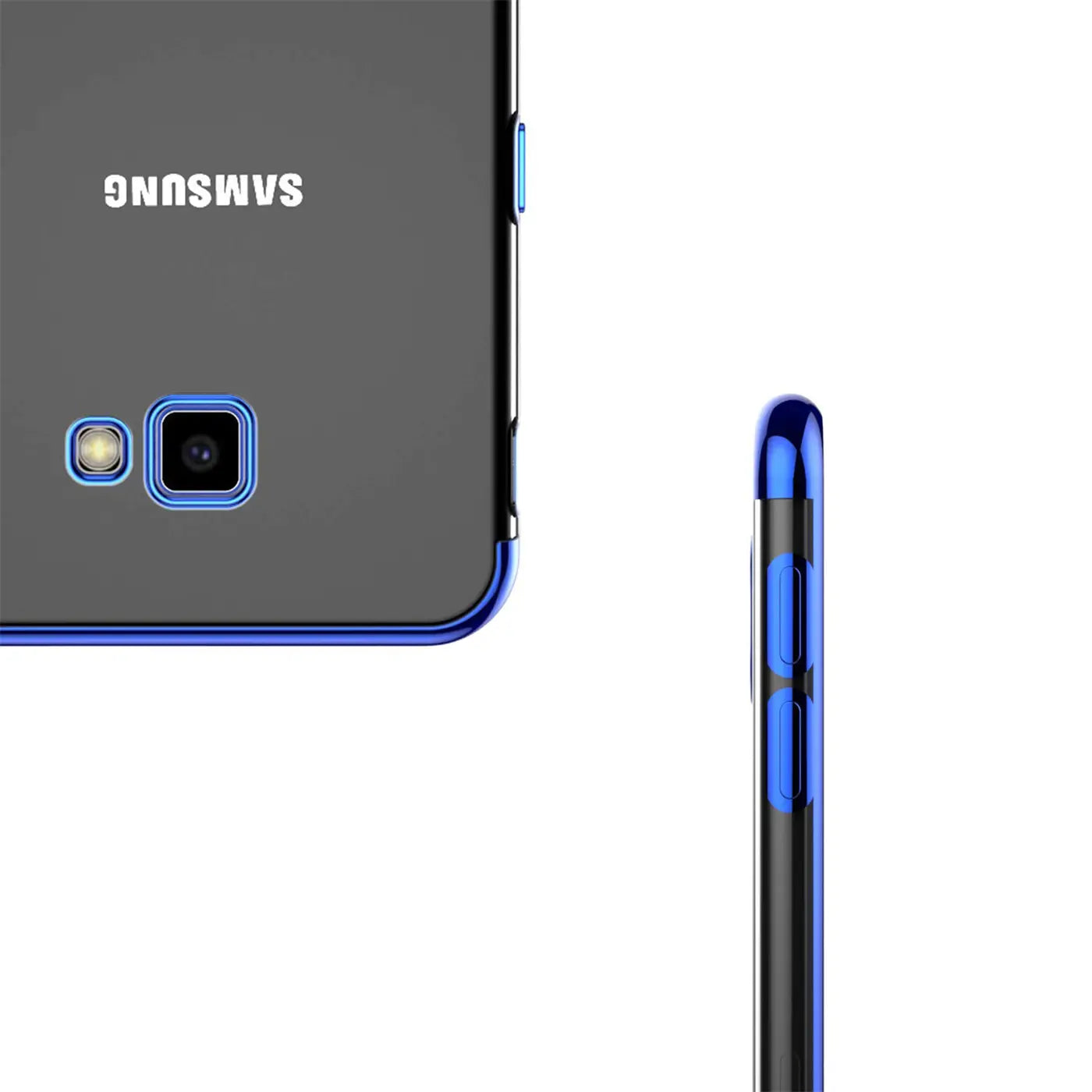Samsung Galaxy J4 Plus Hülle, transparent mit blauem Rand, Rückansicht und Seitenansicht