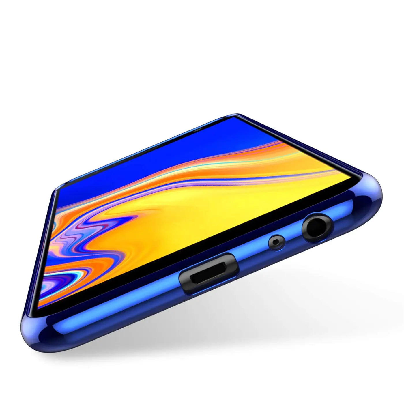 Samsung Galaxy J4 Plus in blauer Hülle, von schräg unten, mit sichtbarem Bildschirm.