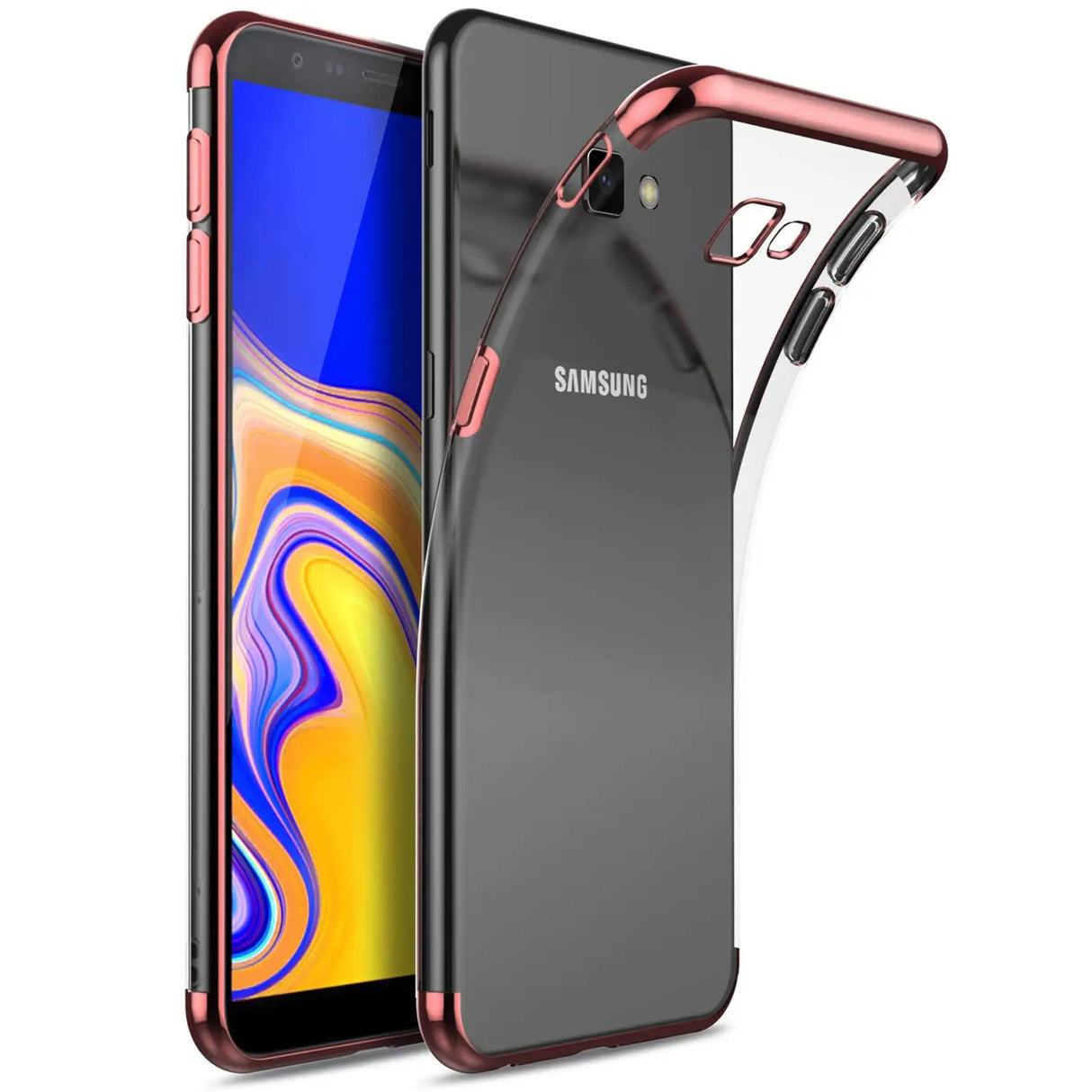 Transparente Handyhülle für Samsung Galaxy J4 Plus mit farblichen Akzenten in Schwarz, Rot, Blau oder Roségold.