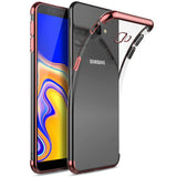 Transparente Handyhülle für Samsung Galaxy J4 Plus mit farblichen Akzenten in Schwarz, Rot, Blau oder Roségold.