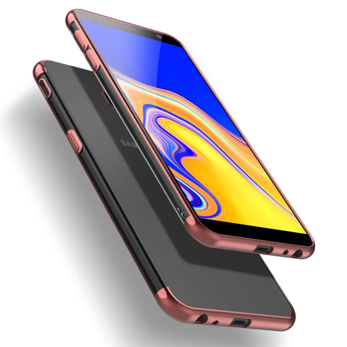 Transparente Handyhülle für Samsung Galaxy J4 Plus mit farblichen Akzenten in Schwarz, Rot, Blau oder Roségold.